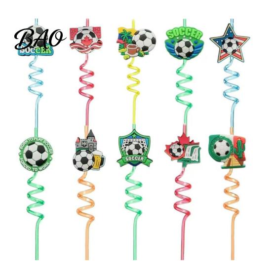 Birthday Party Straw 5Pcs Colorful Soccer Spiral Straws, Reusable Drinking Straws for Safe Odorless Party, Football Theme Celebration Beverage