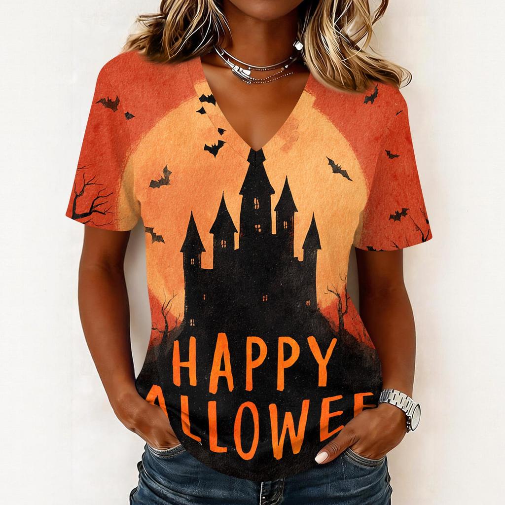 Women Casual Short Sleeve Pullover V Neck Top Halloween Ghost Print Lightweight Comfortable Blouse for Everyday Wear