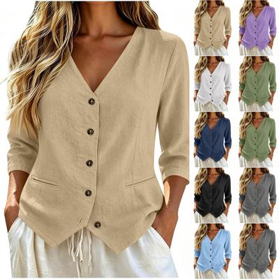 Women's Casual Linen Shirt with Three-Quarter Sleeves Button Down Loose Fit Top with Pockets