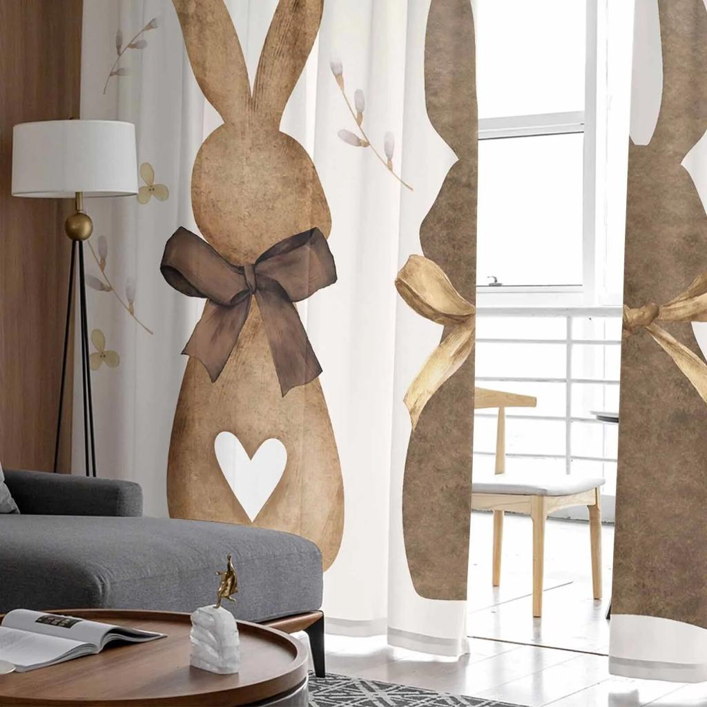 Easter Brown Plaid Rabbit Retro Sheer Curtains For Living Room Kitchen Window Curtains Bedroom Tulle Voile Curtains