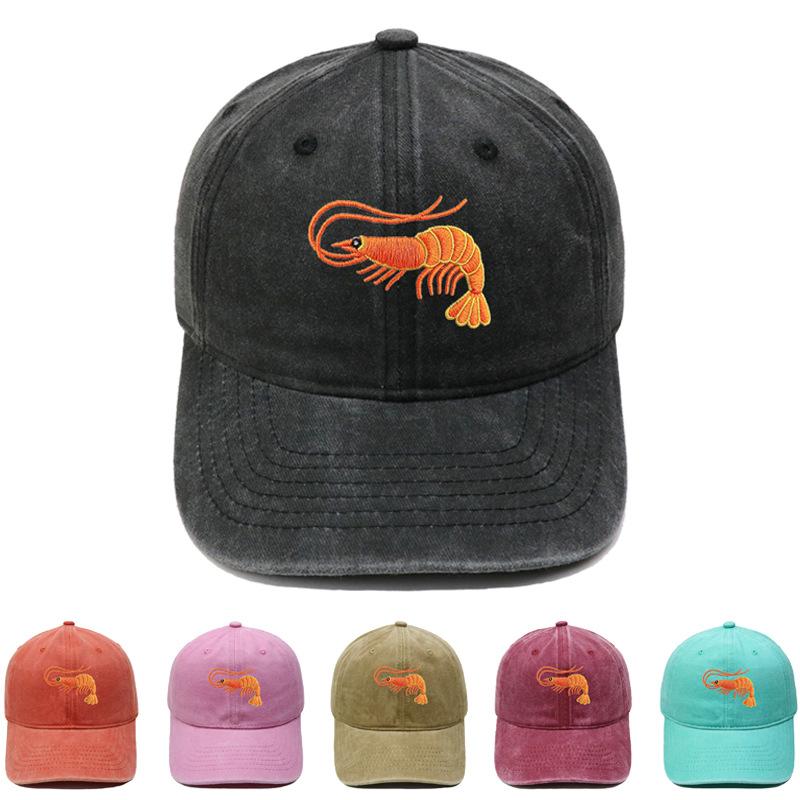 Neue Niedliche Orange Garnele Bestickte Baseballkappe Gewaschen Vintage Meeresbewohner Herren und Damen Lässige Sonnenschutzkappe