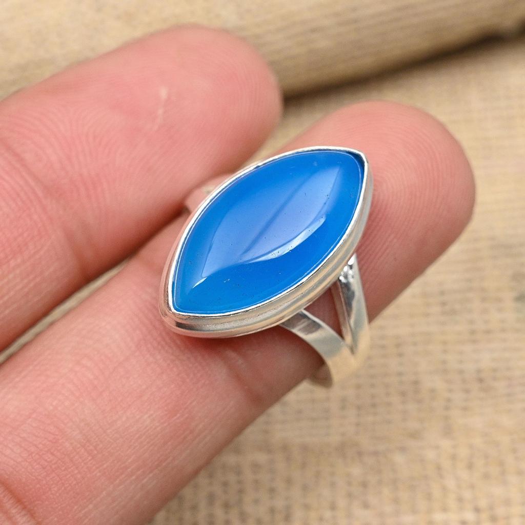 Blauer Chalcedon-Edelstein, handgefertigter Ring aus 925er Sterlingsilber, Schmuck für Frauen