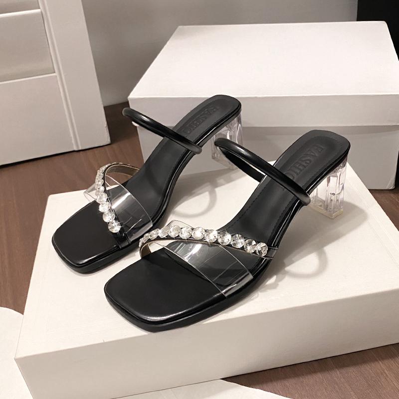 Square Slippers Women's Square Head Rhinestone Transparent Strap Anti-slip Wear-resistant High Heels