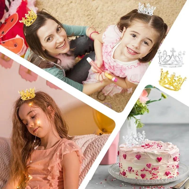 Mini Pearl Crown Cake Decoration Gold Silver Cupcake Topper Kids Hair Ornaments DIY Cake Baking Birthday Party Favors Supplies