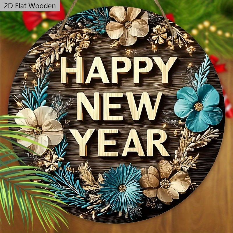 Artistic Happy New Year Wooden Sign - Wreath Round Sign for Front Door, Wall Hanging Decor - Ideal Festival Ornament