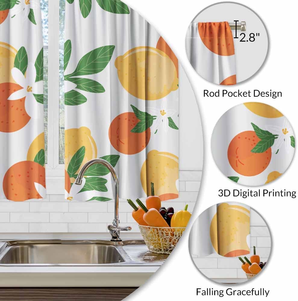 Oranges and Lemons Kitchen Curtains Tropical Fruit Slice Floral Leaves Fresh Short Tier Curtains for Bathroom Cafe Small Window