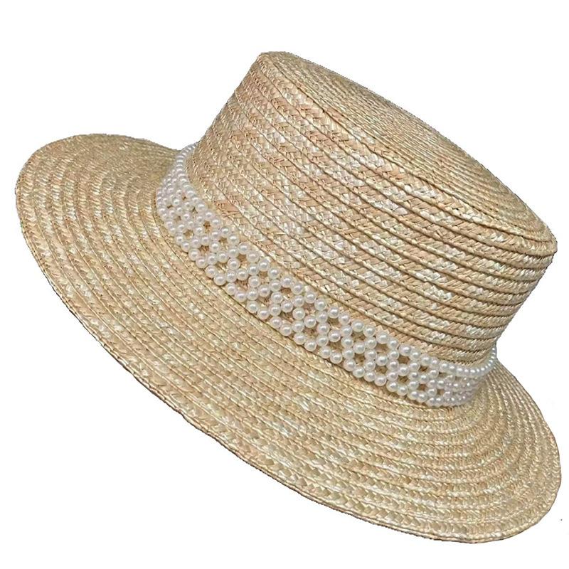 New Summer Japanese Style Pearl Straw Hat for Women - Flat Top Design, UV Protection Sun Cap Perfect for Beach Travel Vacation