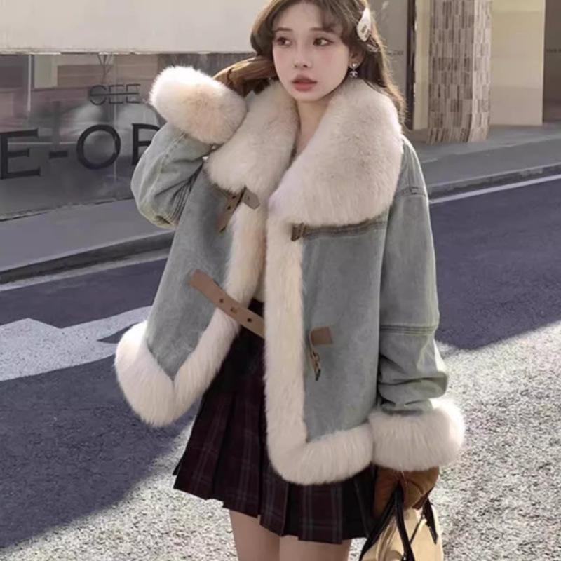 Women's Retro Plus Size Lambswool Denim Jacket - Winter Short High-End Coat