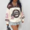 Womens Oversized Long Sleeve V-Neck Sweatshirt With Contrast Letter Print Casual Fall Top