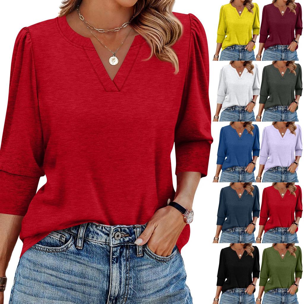 Women's Fashion Casual 3/4 Sleeve Solid Color Shirt Women's V-Neck Tops