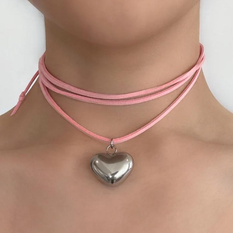 Goth Wax Rope Big Heart Pendant Choker Necklace for Women Elegant Weave Knotted Bowknot Drawing Adjustable Chain Jewelry