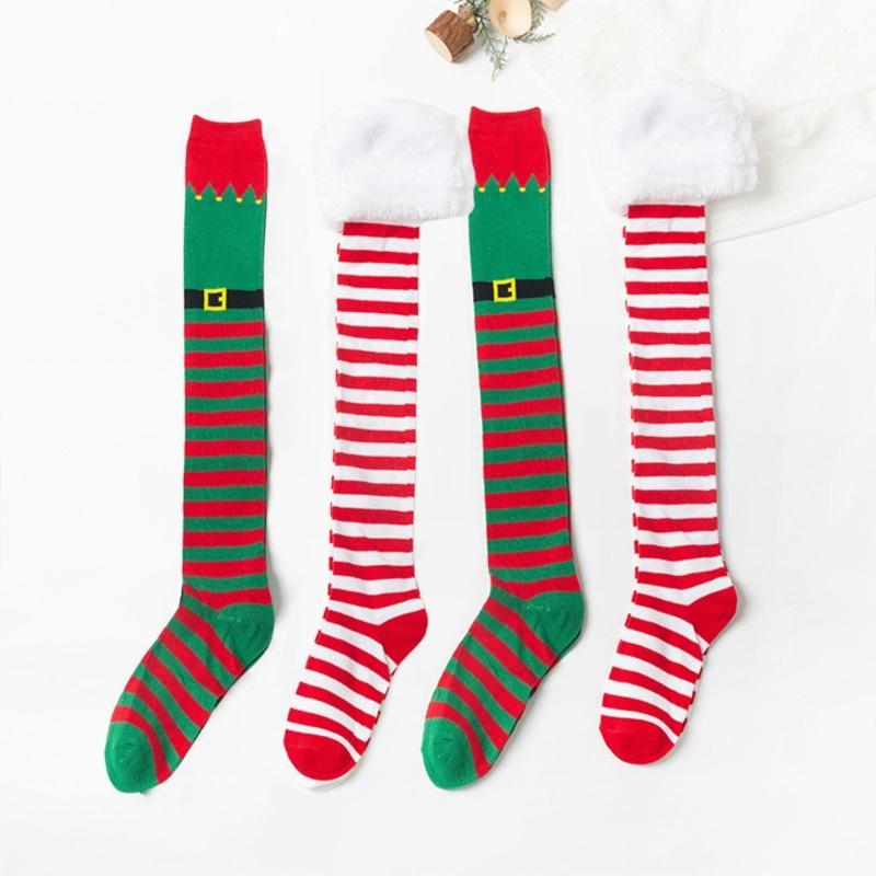 Festival Weihnachtselfen Stiefel Gestreifte Oberschenkelhohe Strümpfe für Damen Feiertags-Cosplay-Kostüm Über das Knie Lange Socken