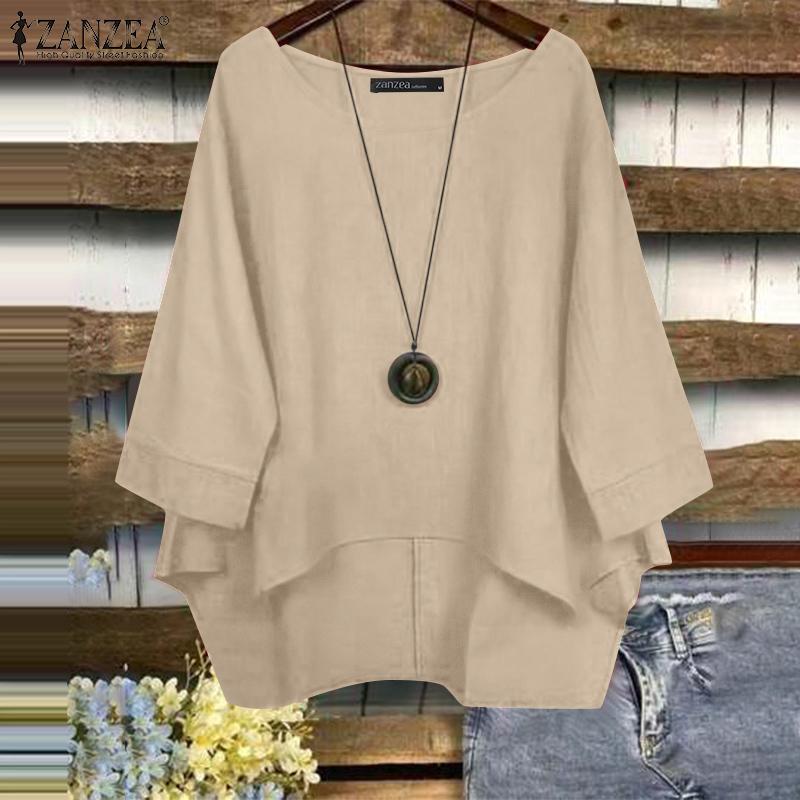 Summer Blusas Mujer Woman Cotton Asymmetrical Hem High-Low Blouses 3/4 Sleeve Loose O-Neck Everyday Tops