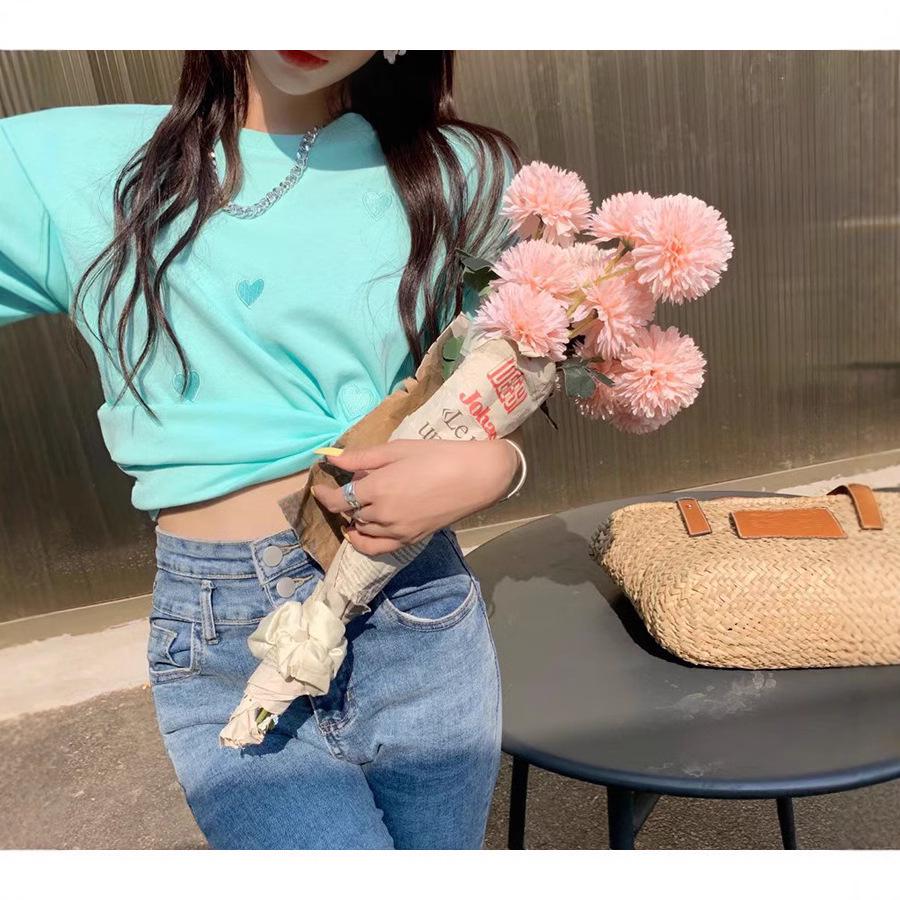 Women's Heart Embroidery Loose Short-Sleeve Round Neck T-Shirt 2023 - Trendy Korean Summer Fashion