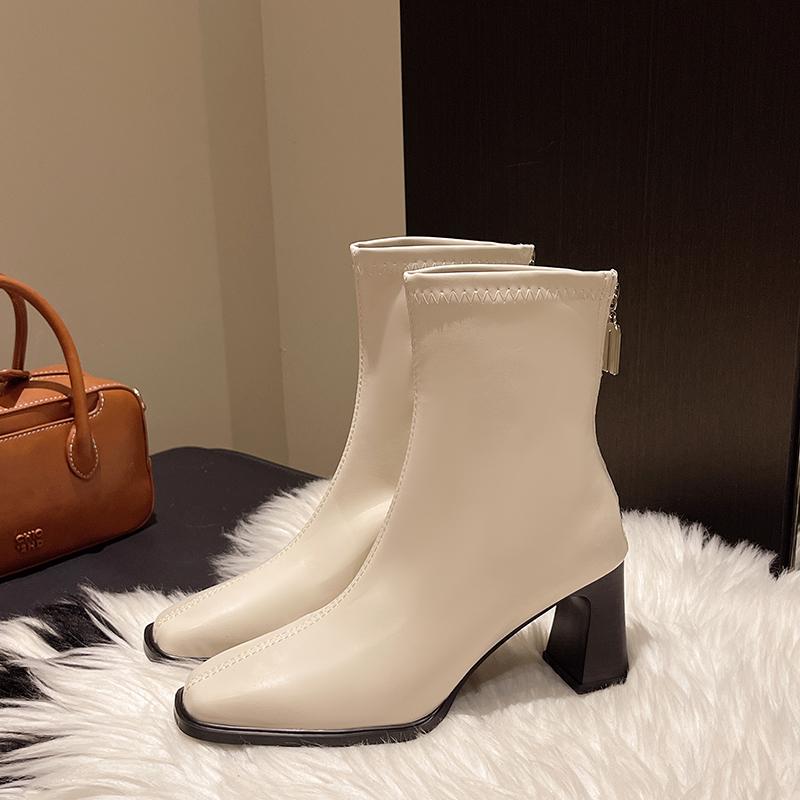 New High Quality Ladies Shoes Zipper Women's Boots Autumn Square Toe Solid Short Barrel Chunky Heels Fashion Mid Calf Boots