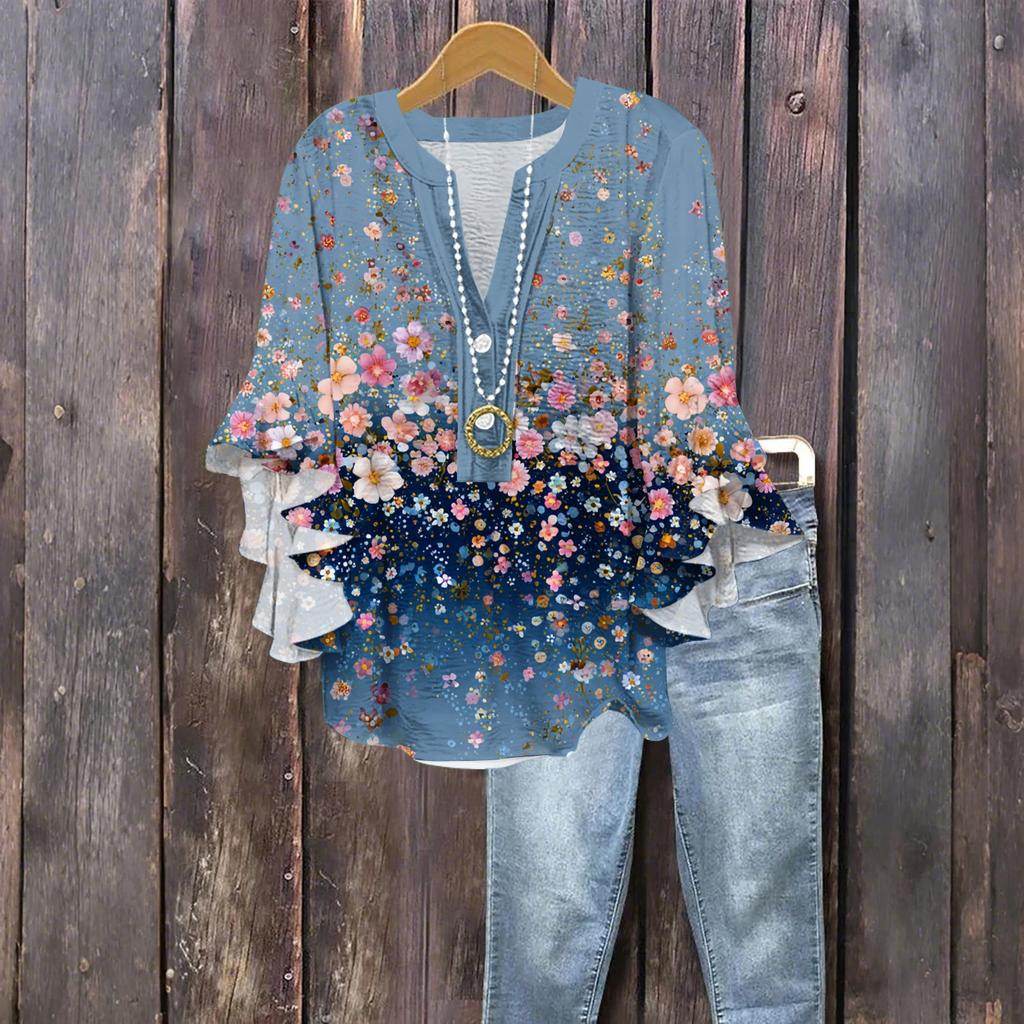 Women's Fashion Button V-Neck Ruffle Seven Sleeve Blouse Floral Printed Top