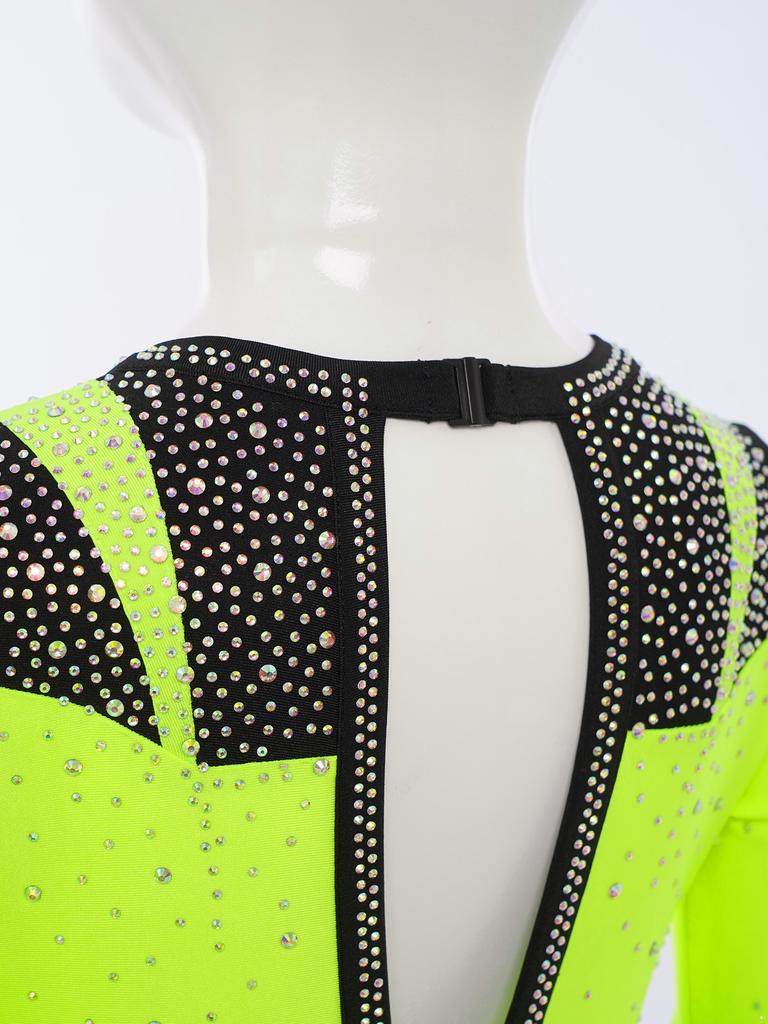 Girls Gymnastics Leotard Long Sleeve Keyhole Back Shiny Rhinestones Figure Skating Bodysuit