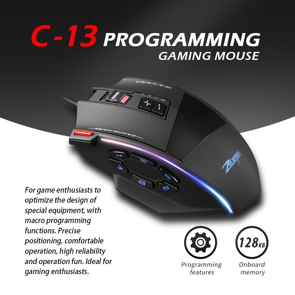 Zelotes C13 Gaming Mouse 10000 DPI 13 Programmable Buttons RGB LED