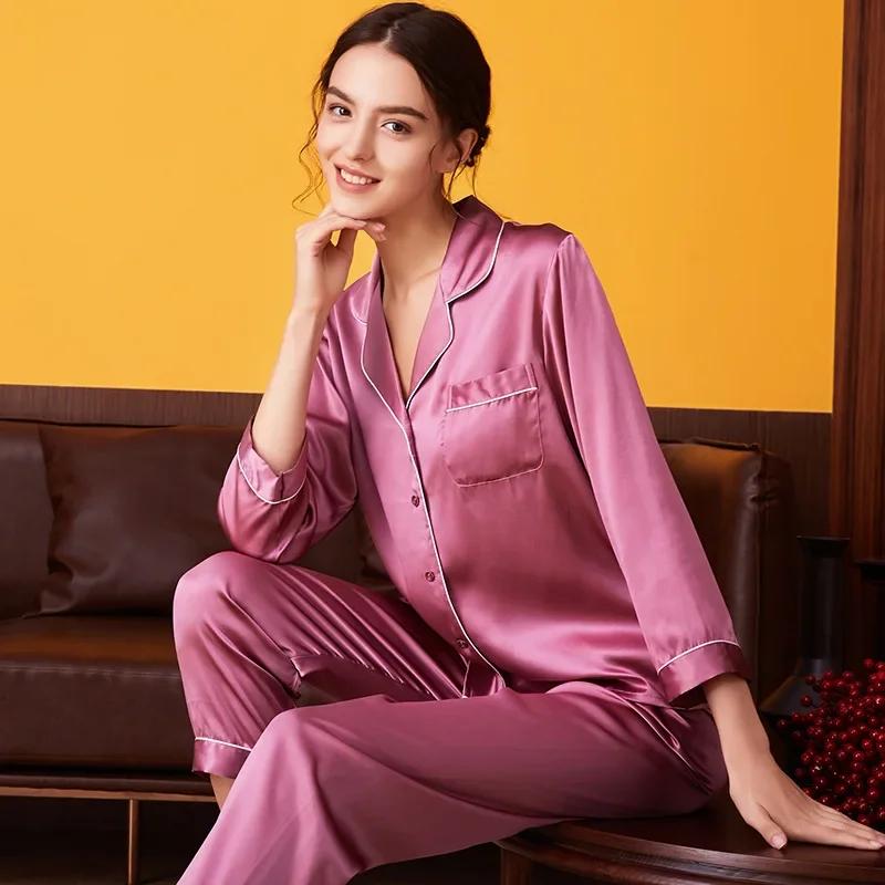 100% Silk Pajamas Set for Women Summer and Autumn Long-sleeved Mulberry Home Service Silk Women's Pajamas Set Pijama Feminino