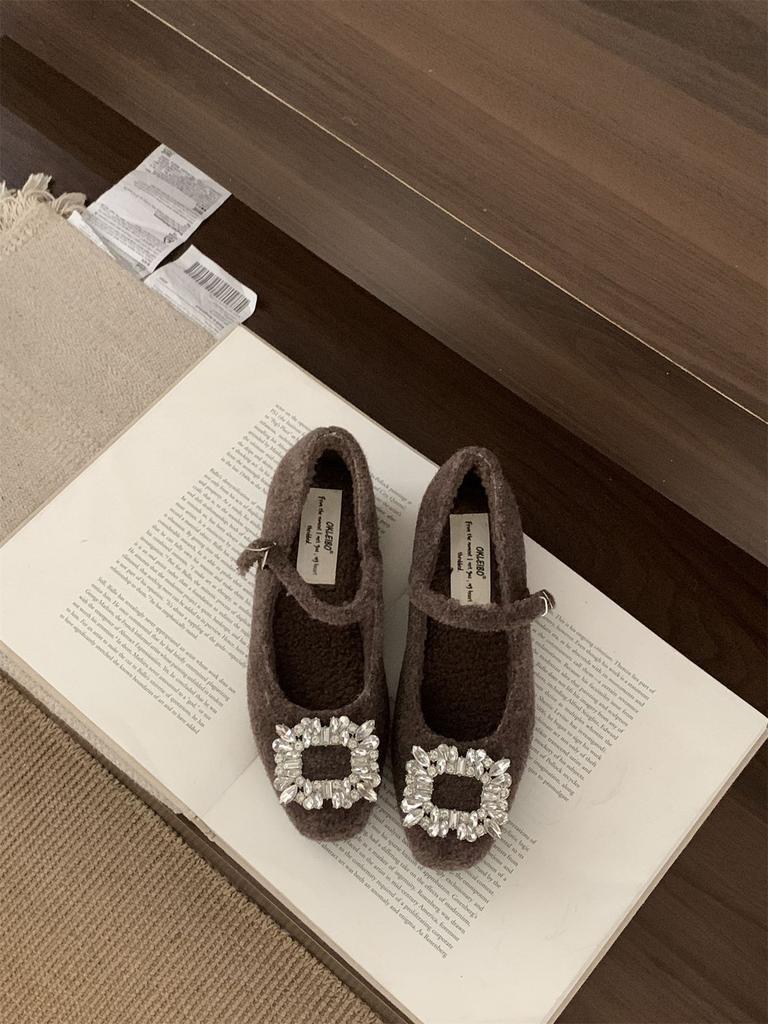 Xiaoxiangfeng woolen rhinestone square head fluffy Mary Jane shoes women's autumn and winter velvet cotton shoes middle heel ladyshoes women's singl