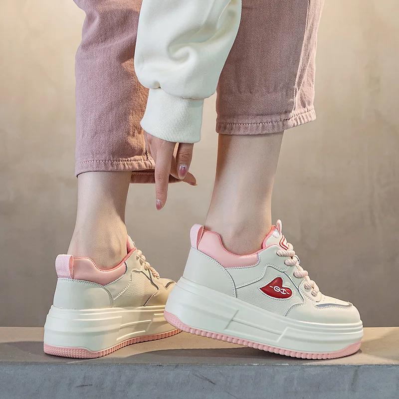 Fashion 6.5CM Genuine Leather Chunky Sneaker Flats Booties New Spring Autumn Women Vulcanize Comfy Spring Mixed Color Ankle Boots Shoes