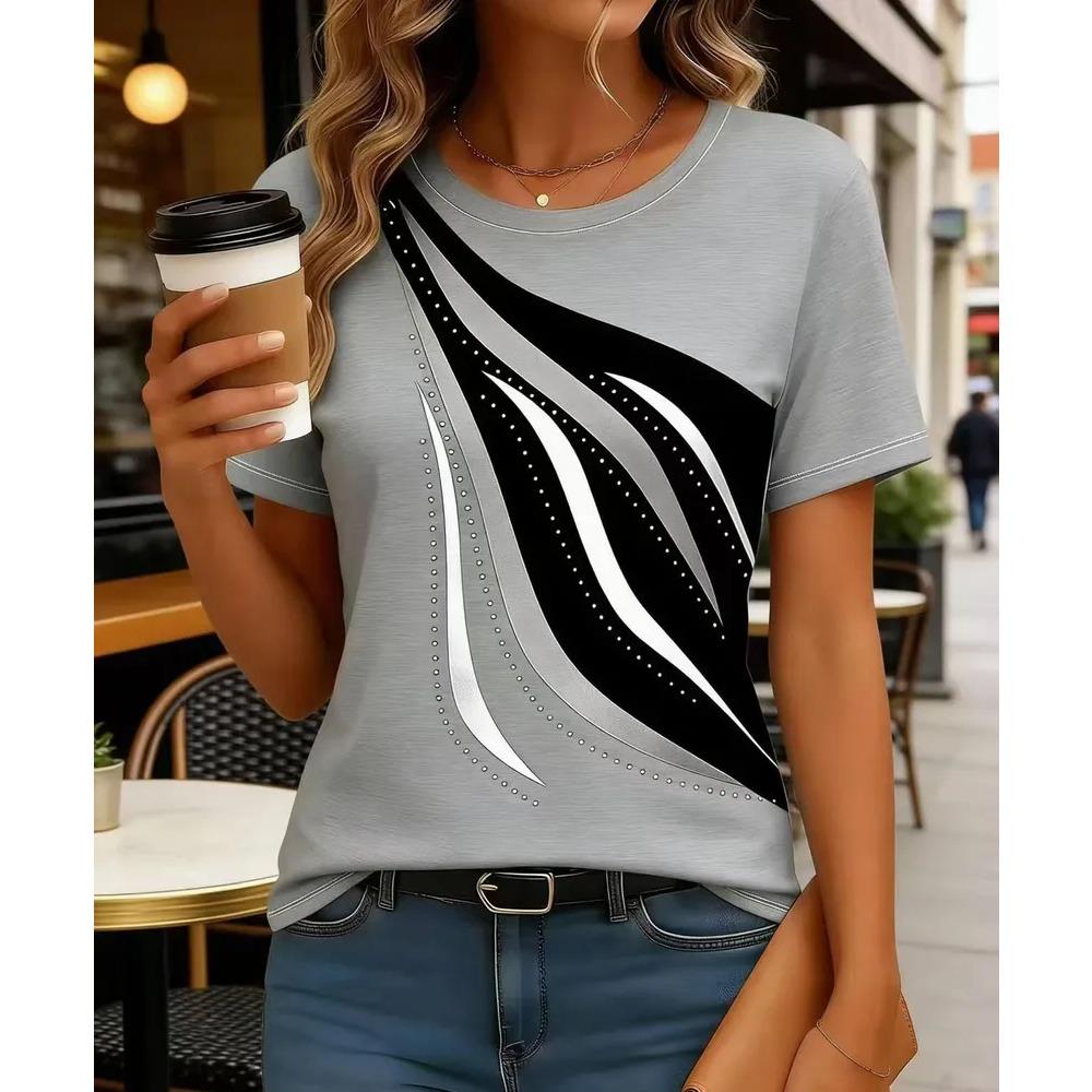 Fashionable Casual Round Neck Short Sleeved T-shirt Soft Comfortable Vintage Loose Colorful Creative Grid Stripes 3d Printed Women's T-shirt