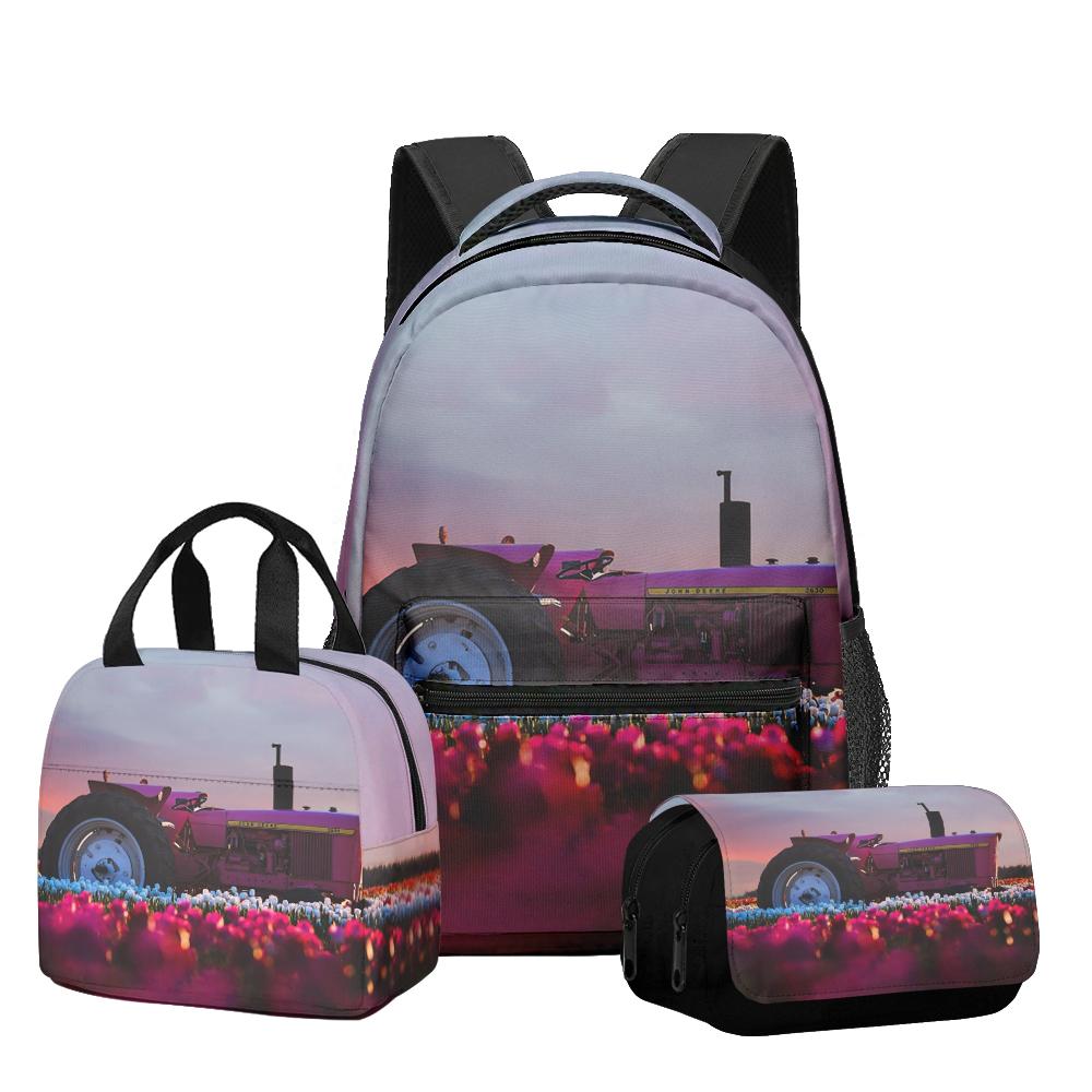 Classic Novelty Cool Tractor pattern 3D Printed 3pcs/Set Student School Bags Laptop Daypack Backpack Lunch bag Pencil Case
