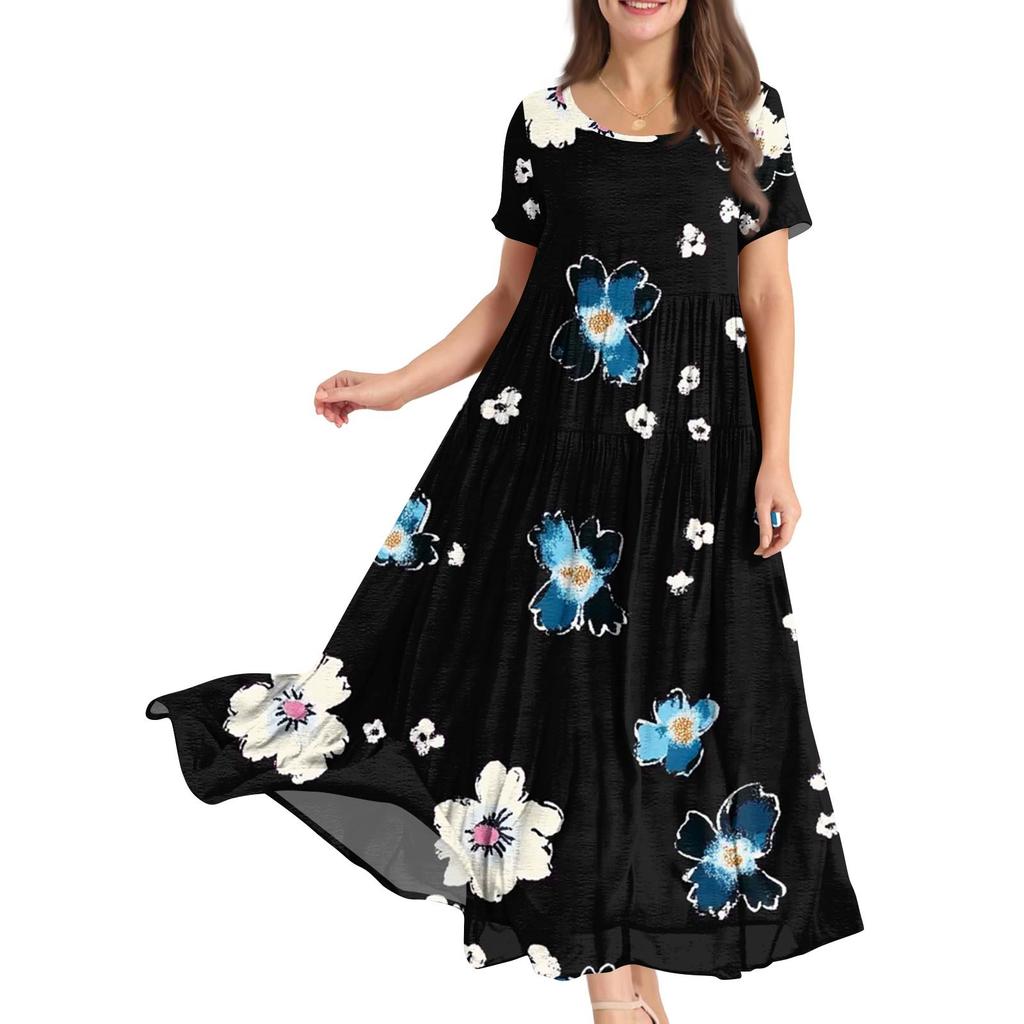 Dámské letní šaty s kulatým výstřihem, krátkým rukávem, květinovým potiskem, boho, volné