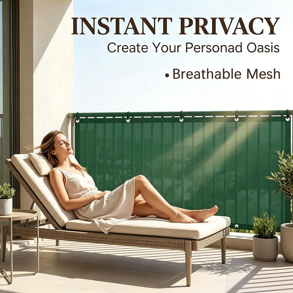 Balcony privacy screen, outdoor shade cloth, garden fence fabric, apartment railing cover, with drawstring ties—green