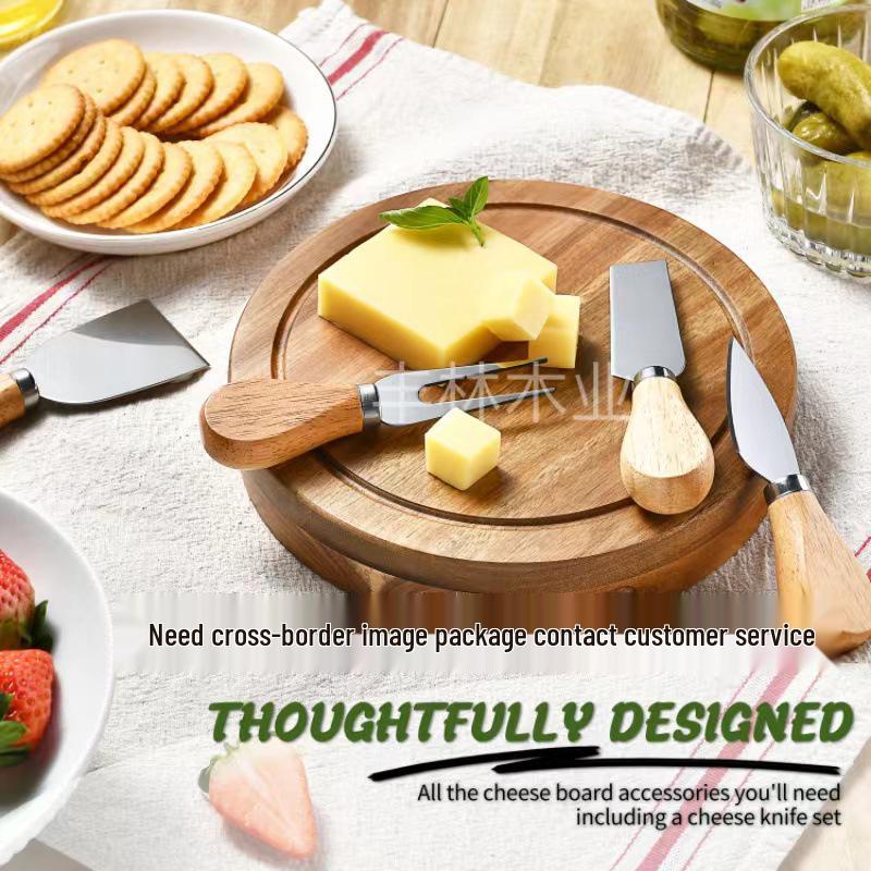 Acacia Wood Round Cheese Board & Knife Set