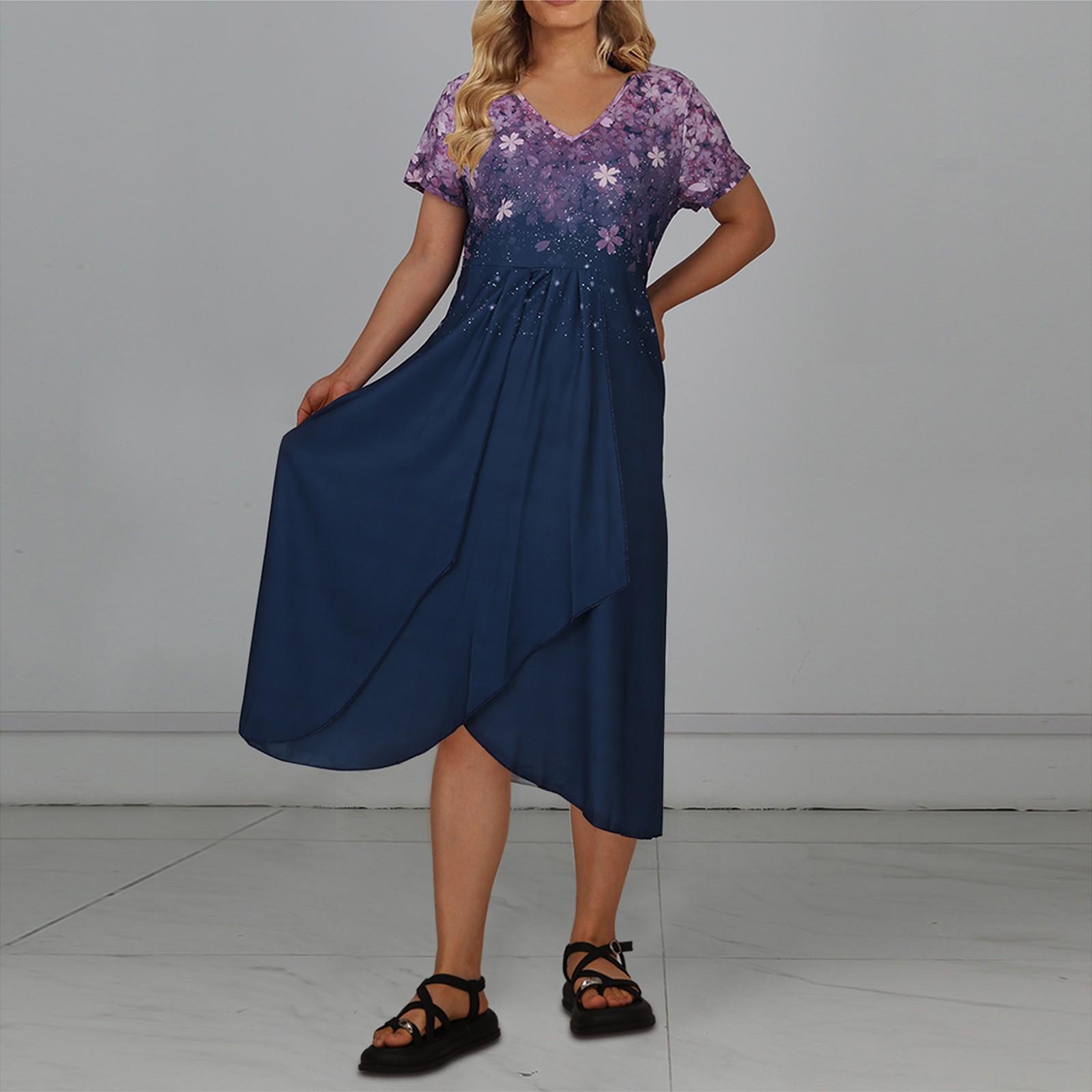 

Женское повседневное большое длинное платье с v-образным вырезом и молнией с короткими рукавами и вставками с принтом M тёмно-синий