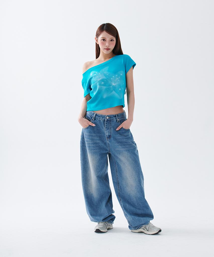 ESCAPEFROM [Escf X Hot Today] Halftone Lily Boat Neck Slim Fit Short Sleeve T-Shirt Teal Blue