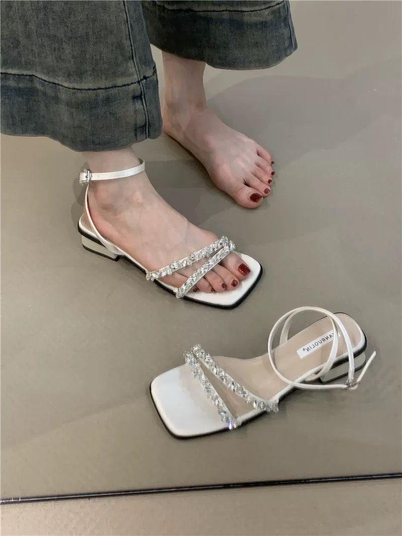 

2025 summer new apricot rhinestone word with high heels sandals women s summer square head thick heels women s 40