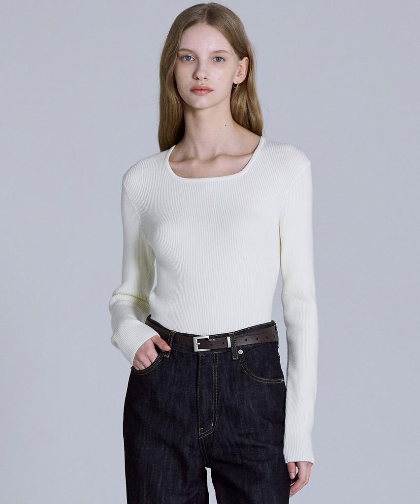 BASIC HOUSE Women'S Square Neck Long Sleeve Sweater Ivory Lykt7204