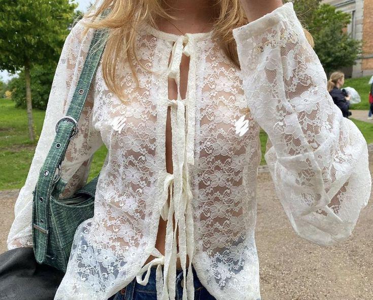 Stylish Sexy See-Through Lace Long-Sleeved Top L белый