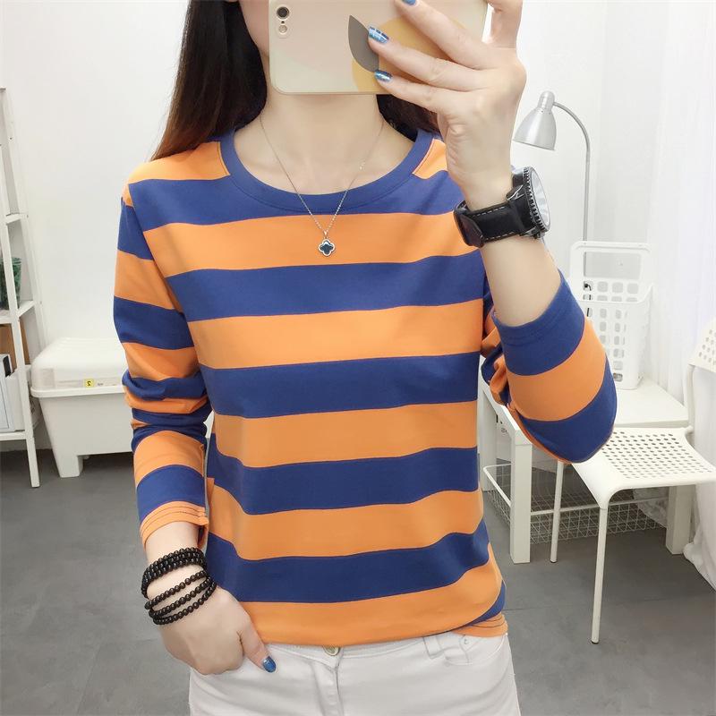 Spring 2024 Korean Oversized Striped Cotton Long-Sleeve Women's T-Shirt
