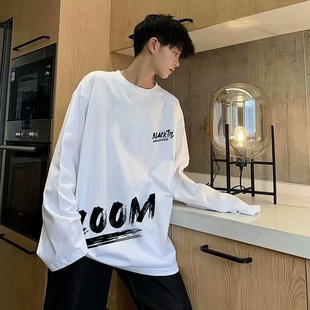 2024 Men's Long-Sleeved T-shirt Autumn Undershirt Long Sleeve Cotton Autumn Hong Kong Style Printing Loose Trendy Top