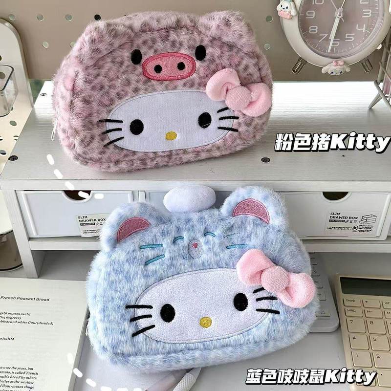 Hello Kitty Plush Pencil Case New Leopard Print Japanese Style Large Capacity Aesthetic Stationery Pouch For Adult Daily Use