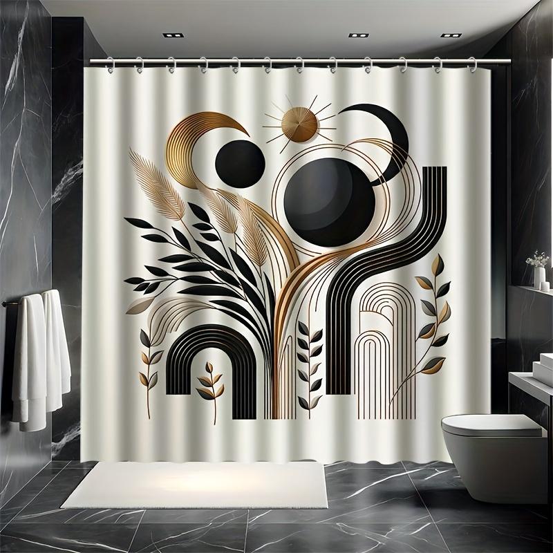 Artistic Botanical Shower Curtain – Golden Accents, Black & Gold Abstract Leaf Design, Polyester with Hooks, Machine Washable