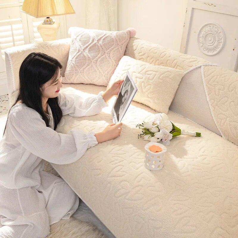 Gruba Poduszka na Sofę z Wełny Lambswool Ciepła Zimowa Pokrowiec na Sofę Pluszowy Antypoślizgowy Tkanina Ręcznikowa do Salonu Oddychający Komfortowy