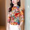 Blumendruck Mesh T-Shirt Damen Herbst Stretch Slim Fit Top Langarm Pullover Sweatshirt