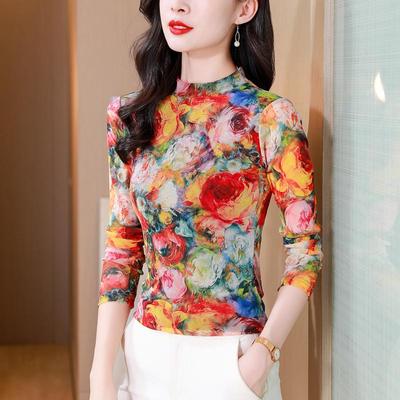 T-shirt in rete a stampa floreale da donna autunnale elasticizzata slim fit top manica lunga maglione