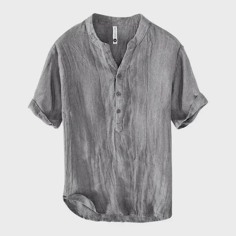 L888 Pánské retro lněné tričko s výstřihem do V - Ležérní jednobarevný top s krátkým rukávem