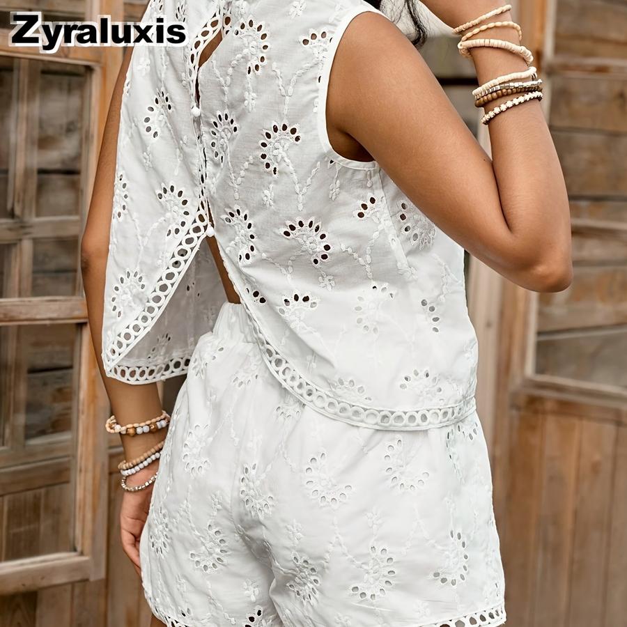 Women s Solid Hollow Out Summer Sleeveless Top  Shorts Set XXL