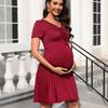 GMXIA Pregnant Women's Dress: V-neck Short-sleeved Wide-swing Dress with Drawstring Trim On The Chest