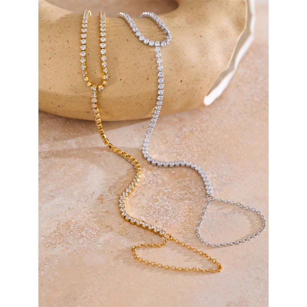 Yhpup Delicate Cubic Zirconia Chain Back of Hand Chain Finger Bracelet for Women Stainless Steel Temperament Trending Jewelry