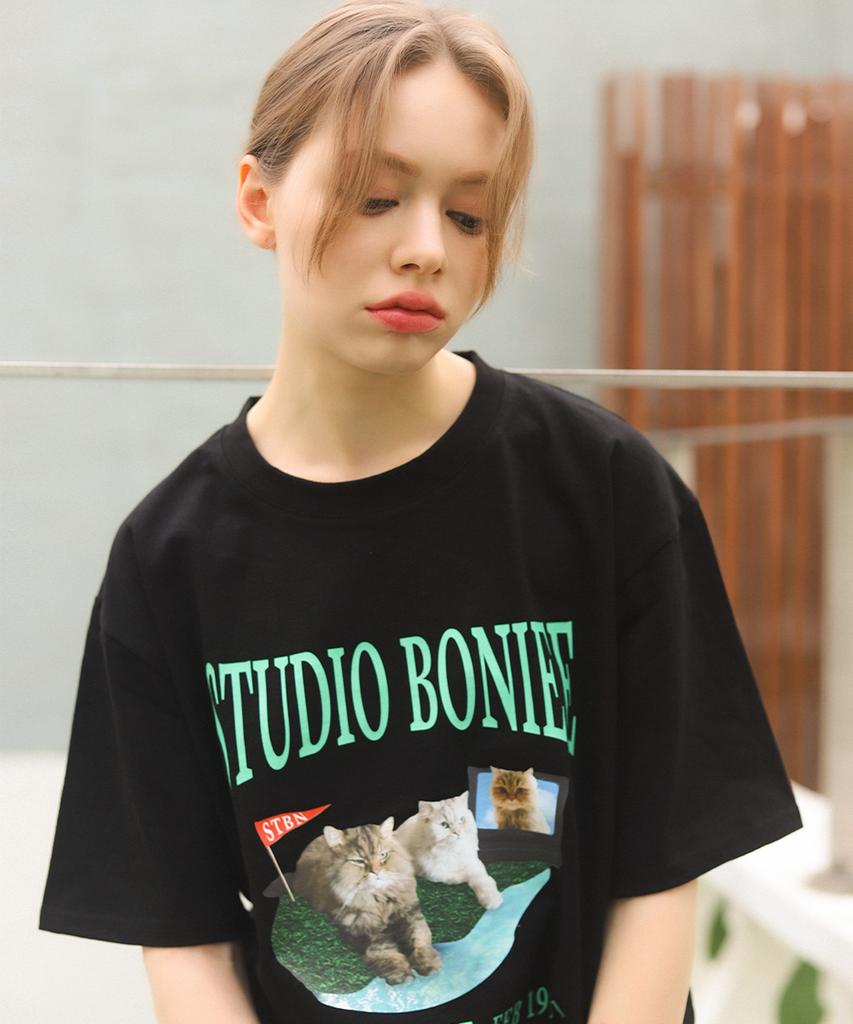 BONIEE Persian Chinchilla Cat Collage Cat Graphic Loose T-Shirt Black