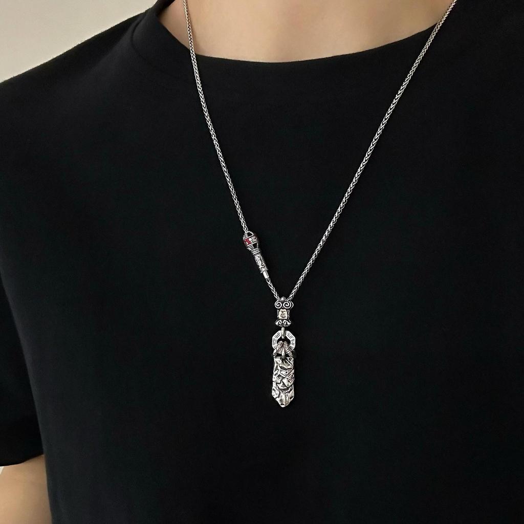 S925 Sterlingsilber Taoistisches Zinnober-Talisman-Halskette, Retro Unisex-Design mit vielseitiger Chopin-Kette.