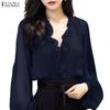 ZANZEA Blouse ample décontractée à manches longues et col en V à volants pour femmes