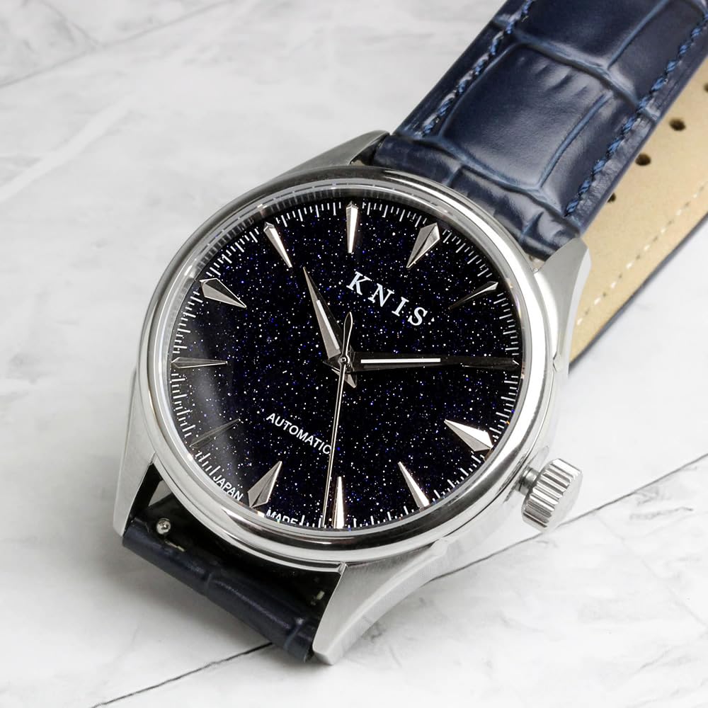 KNIS lak Avanturín Made in Japan Automatické hodinky Safírové sklo Kožený řemínek 10 ATM Voděodolný mechanický Modrá Stříbrná Modrá Kožená Pánské